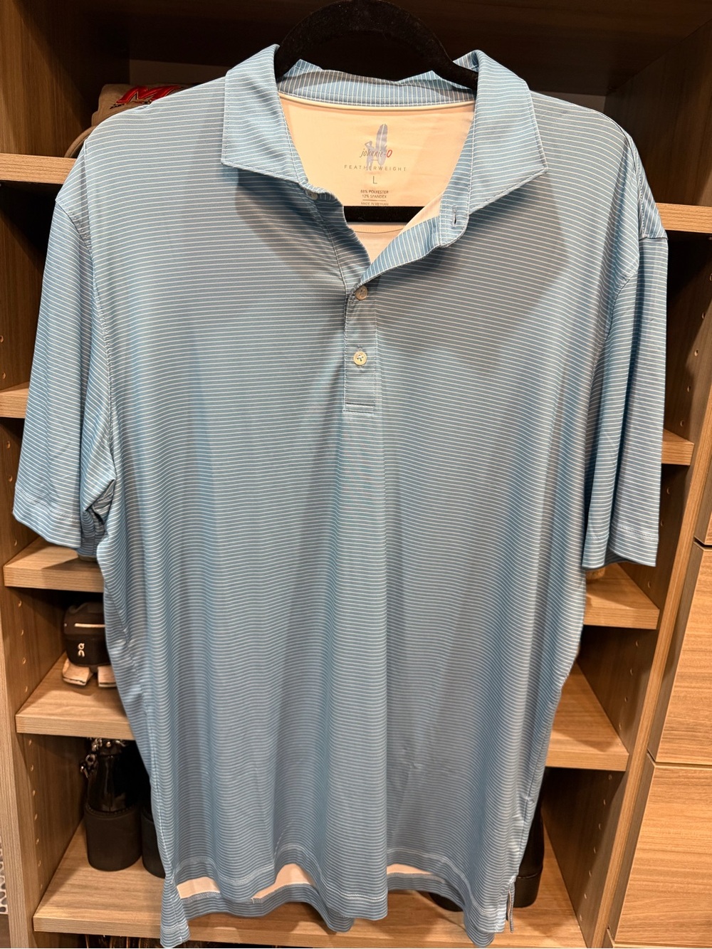 johnnie-O Light Blue Micro-Stripe Polo Featherweight UPF 50 performance